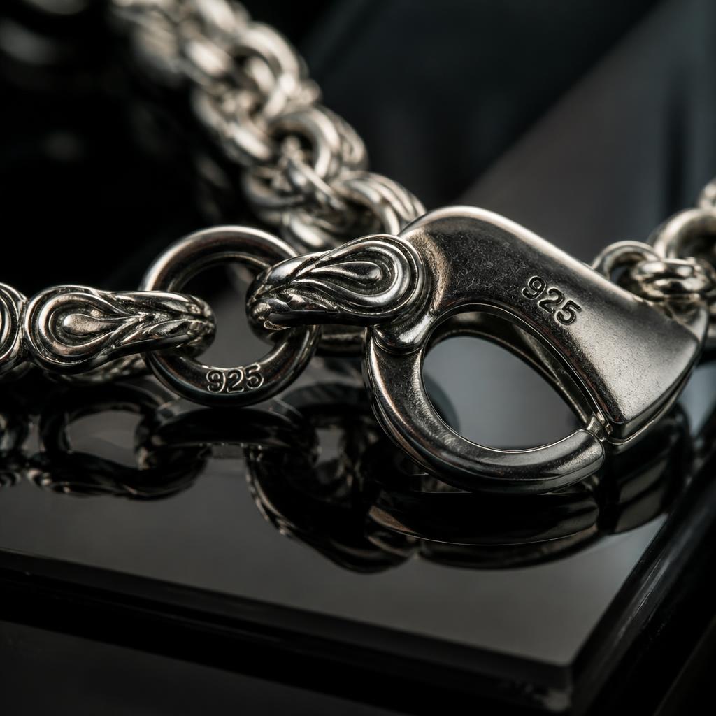 Detalhe macro do elo e acabamento do Pingente Legacy em prata 925