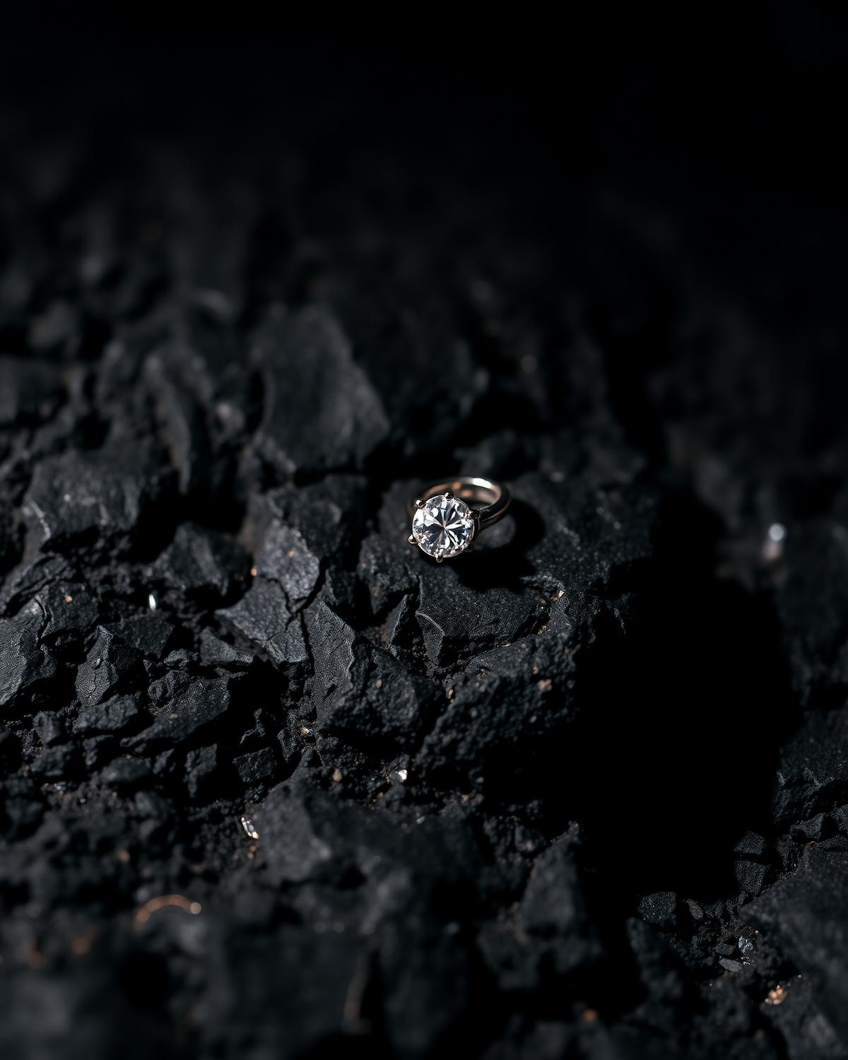 Anel solitário sobre pedra vulcânica preta em macrofotografia editorial