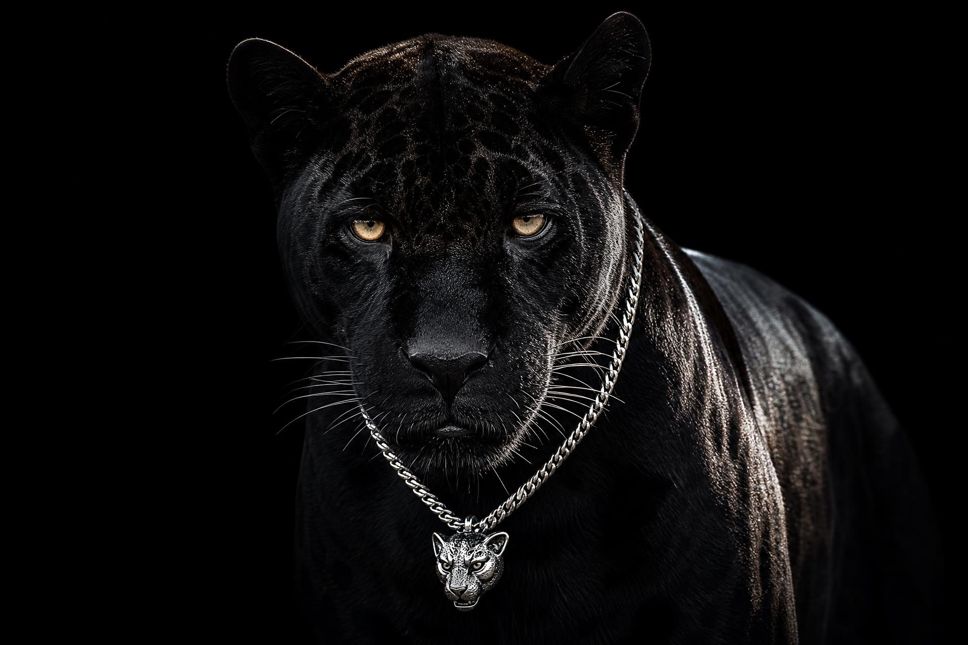 Jaguar negra usando colar de prata Jaguar Joias