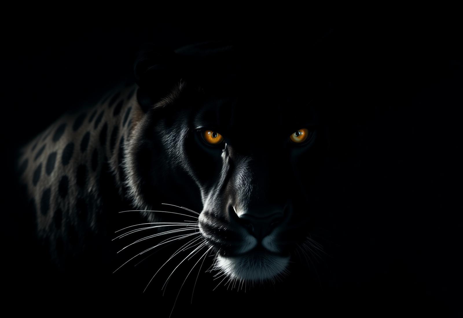 Close do rosto de uma jaguar negra com olhos âmbar emergindo da penumbra